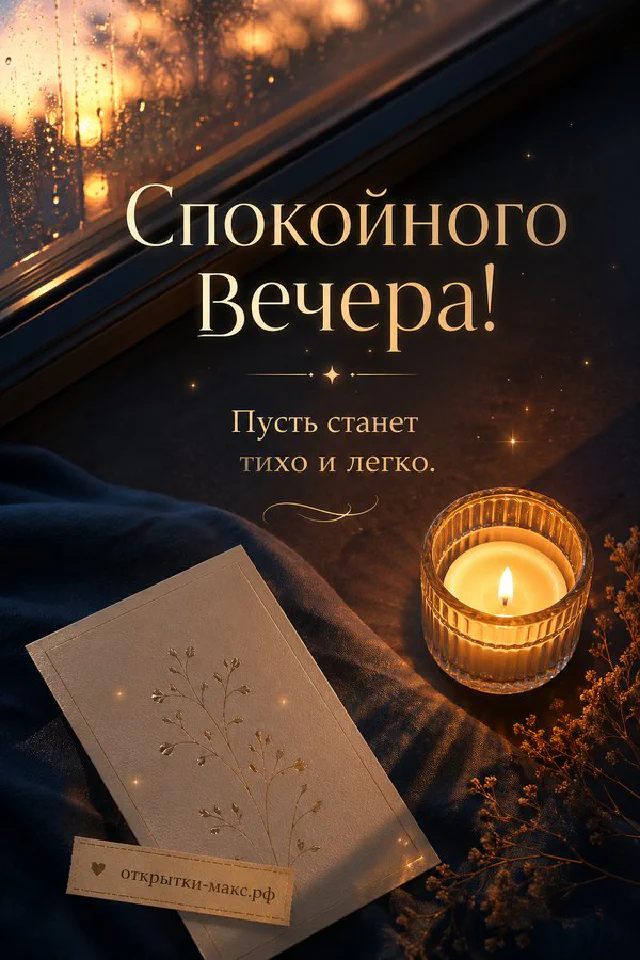 Блокнот с веточкой, горящая свеча в стакане и гирлянда у дождливого окна ночью — вариант 6