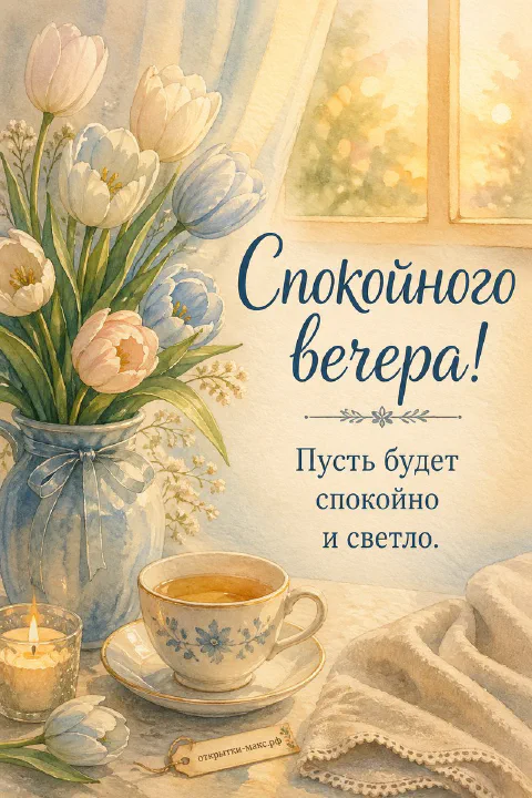 Ваза с белыми и розовыми тюльпанами, фарфоровая чашка чая и свеча, акварельная открытка спокойного вечера