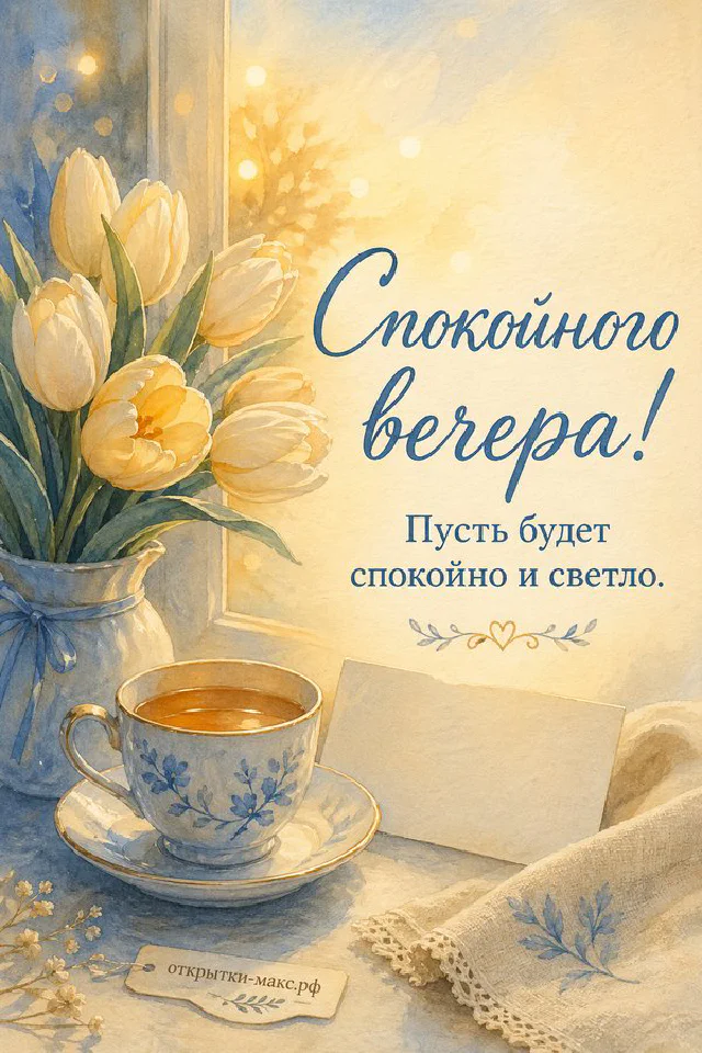 Ваза с белыми и розовыми тюльпанами, фарфоровая чашка чая и свеча, акварельная открытка спокойного вечера — вариант 2