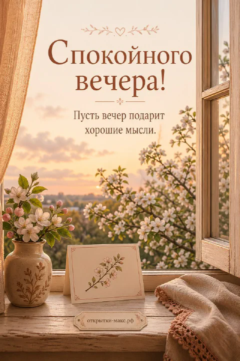 Подоконник с вазой и карточкой у деревянного окна, за которым цветёт яблоня в золотом свете