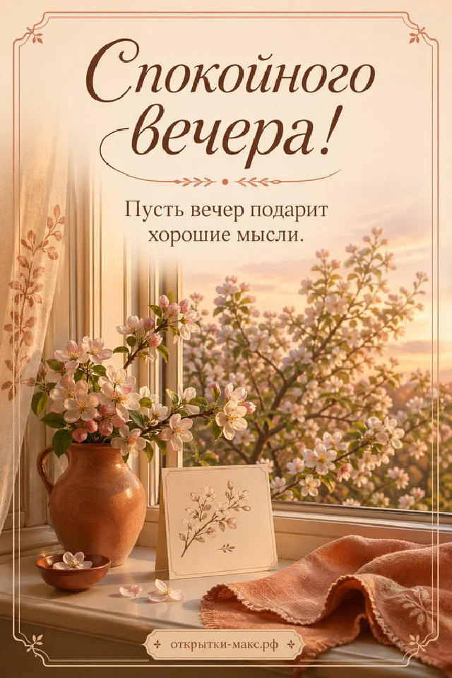 Подоконник с вазой и карточкой у деревянного окна, за которым цветёт яблоня в золотом свете — вариант 2