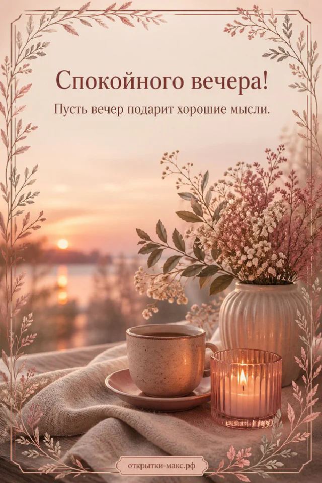 Подоконник с вазой и карточкой у деревянного окна, за которым цветёт яблоня в золотом свете — вариант 4