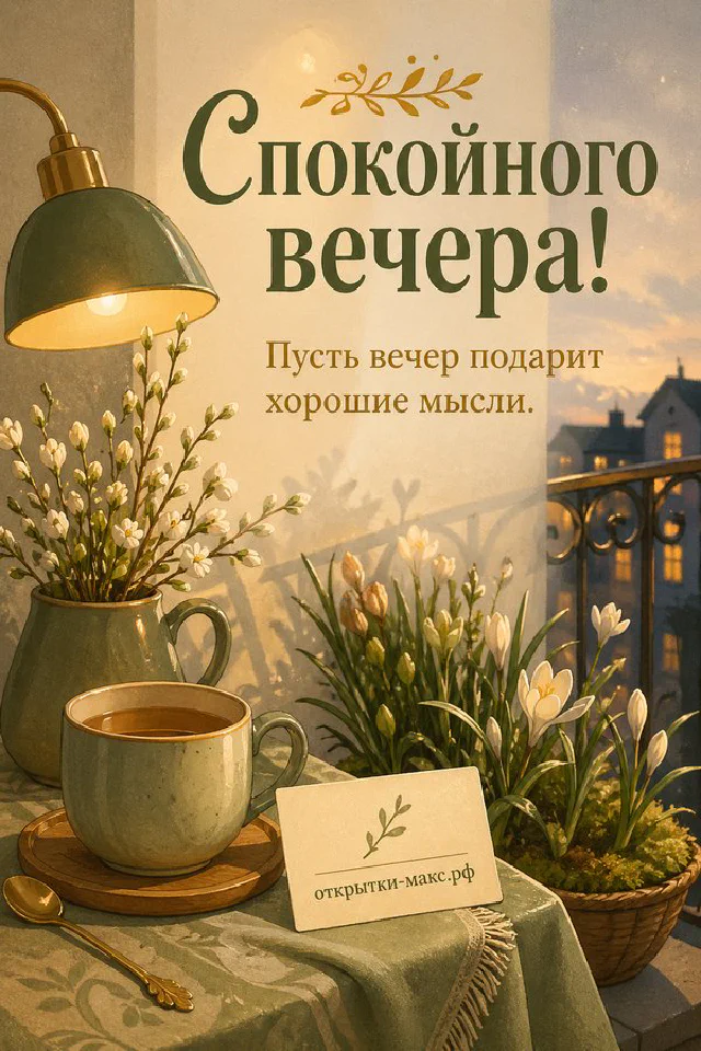 Подоконник с вазой и карточкой у деревянного окна, за которым цветёт яблоня в золотом свете — вариант 5