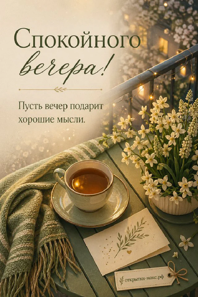 Подоконник с вазой и карточкой у деревянного окна, за которым цветёт яблоня в золотом свете — вариант 6