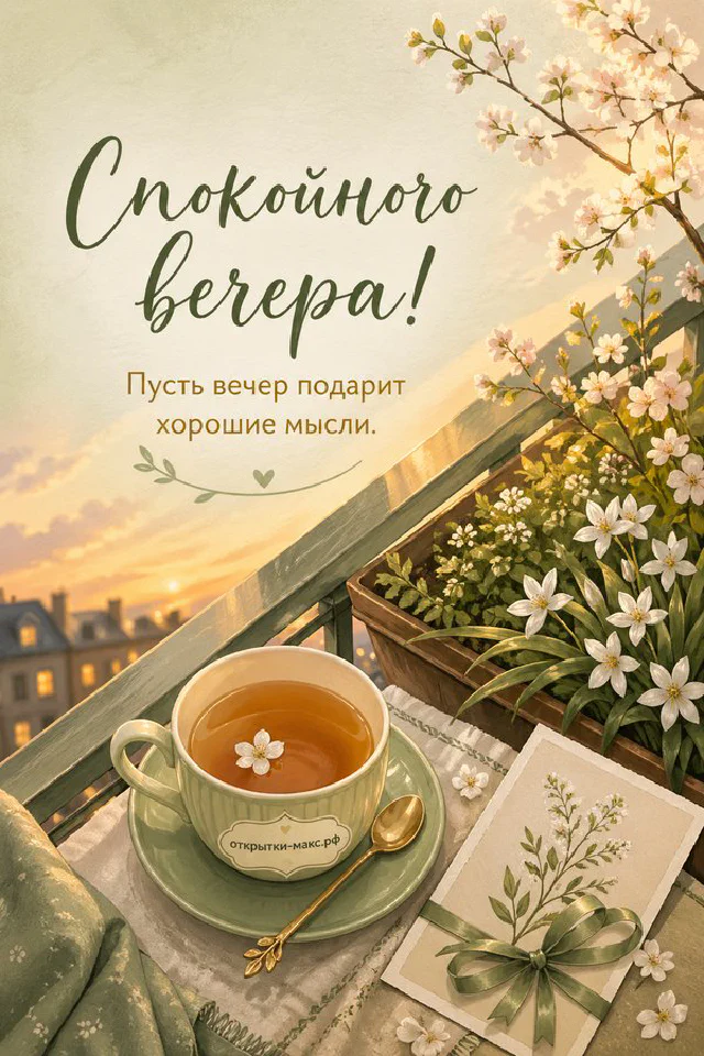 Подоконник с вазой и карточкой у деревянного окна, за которым цветёт яблоня в золотом свете — вариант 7