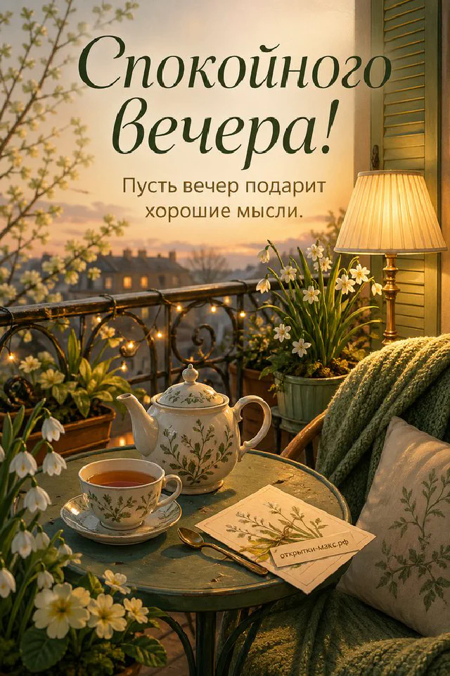 Подоконник с вазой и карточкой у деревянного окна, за которым цветёт яблоня в золотом свете — вариант 8