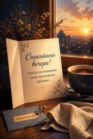Раскрытая книга-открытка с текстом на столе, за ней закатный город, лаванда и синяя чашка