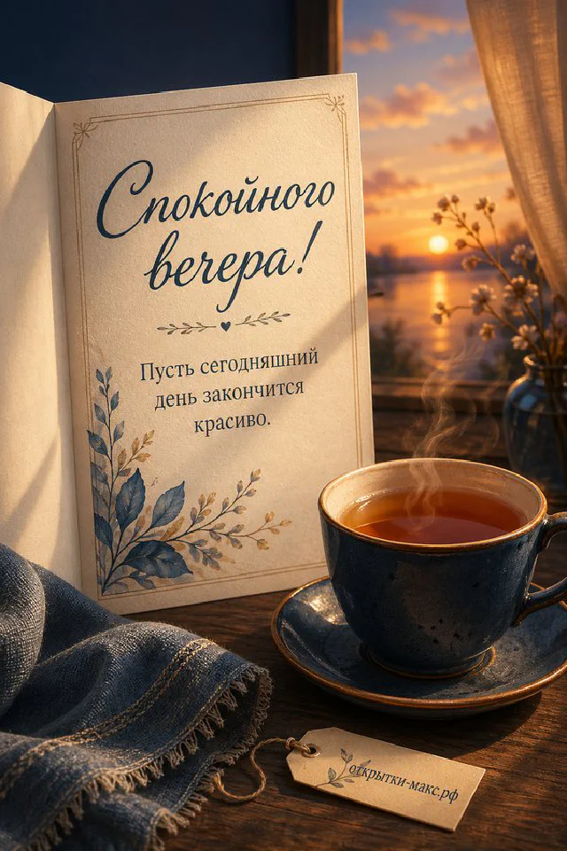 Раскрытая книга-открытка с текстом на столе, за ней закатный город, лаванда и синяя чашка — вариант 2