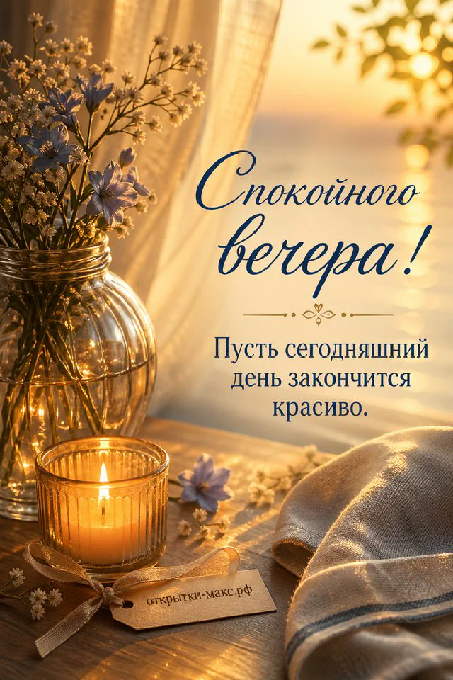 Раскрытая книга-открытка с текстом на столе, за ней закатный город, лаванда и синяя чашка — вариант 3