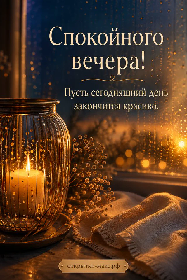 Раскрытая книга-открытка с текстом на столе, за ней закатный город, лаванда и синяя чашка — вариант 4
