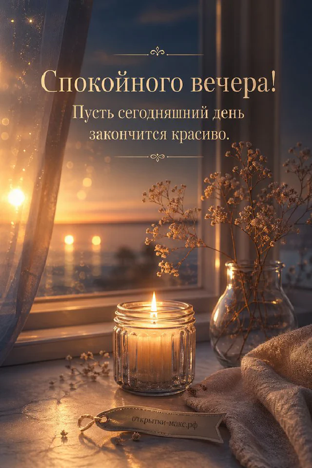 Раскрытая книга-открытка с текстом на столе, за ней закатный город, лаванда и синяя чашка — вариант 5