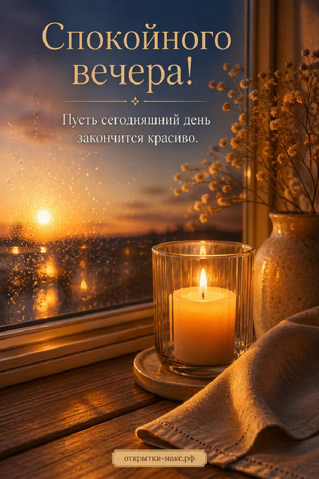 Раскрытая книга-открытка с текстом на столе, за ней закатный город, лаванда и синяя чашка — вариант 6