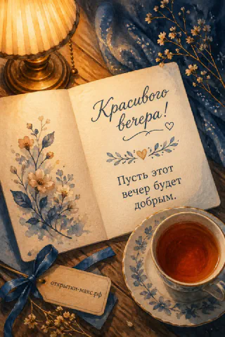 Раскрытая старинная книга с акварельными синими цветами и сердечком, рядом чашка чая и настольная лампа на тёмном дереве