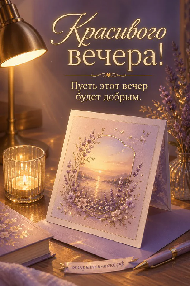 Раскрытая старинная книга с акварельными синими цветами и сердечком, рядом чашка чая и настольная лампа на тёмном дереве — вариант 4