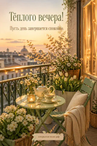 Чайный столик с чайником на балконе с тюльпанами и городским закатом