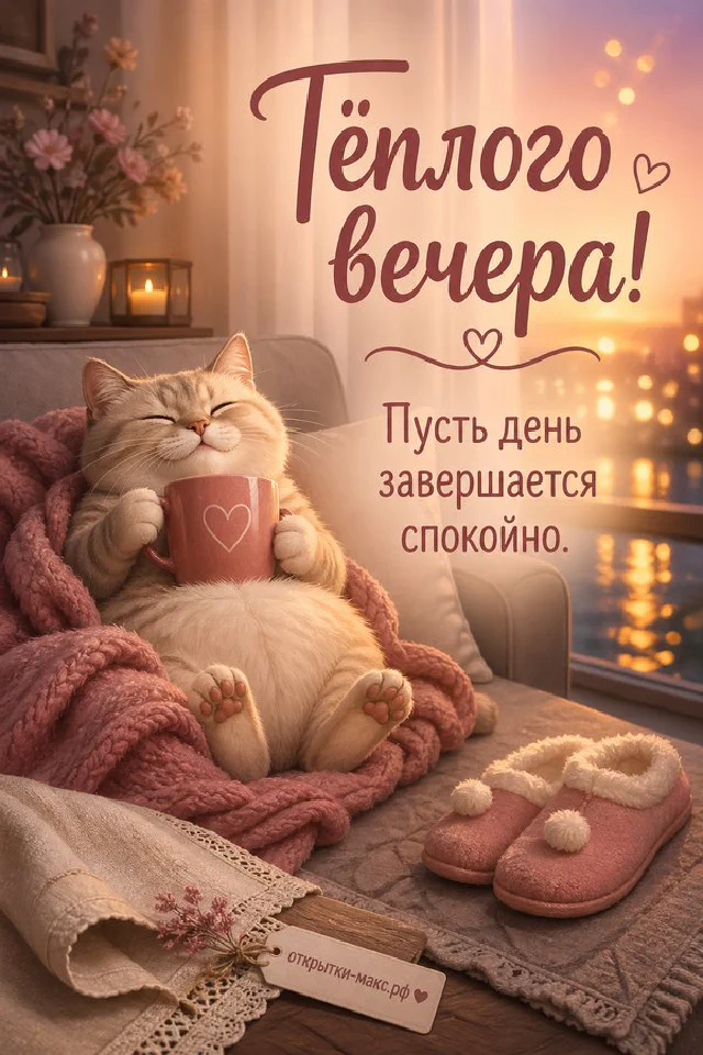 Чайный столик с чайником на балконе с тюльпанами и городским закатом — вариант 2