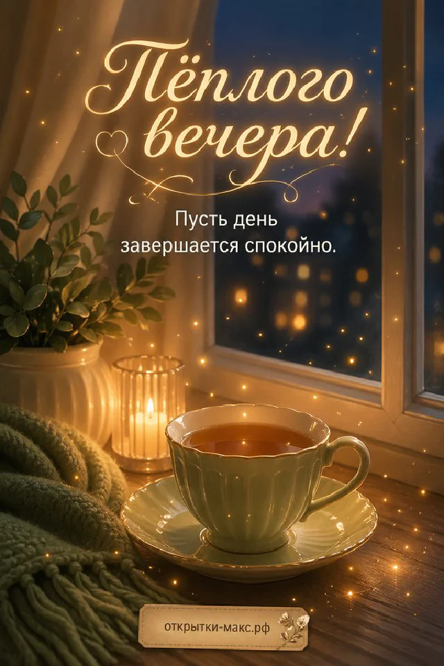 Чайный столик с чайником на балконе с тюльпанами и городским закатом — вариант 3