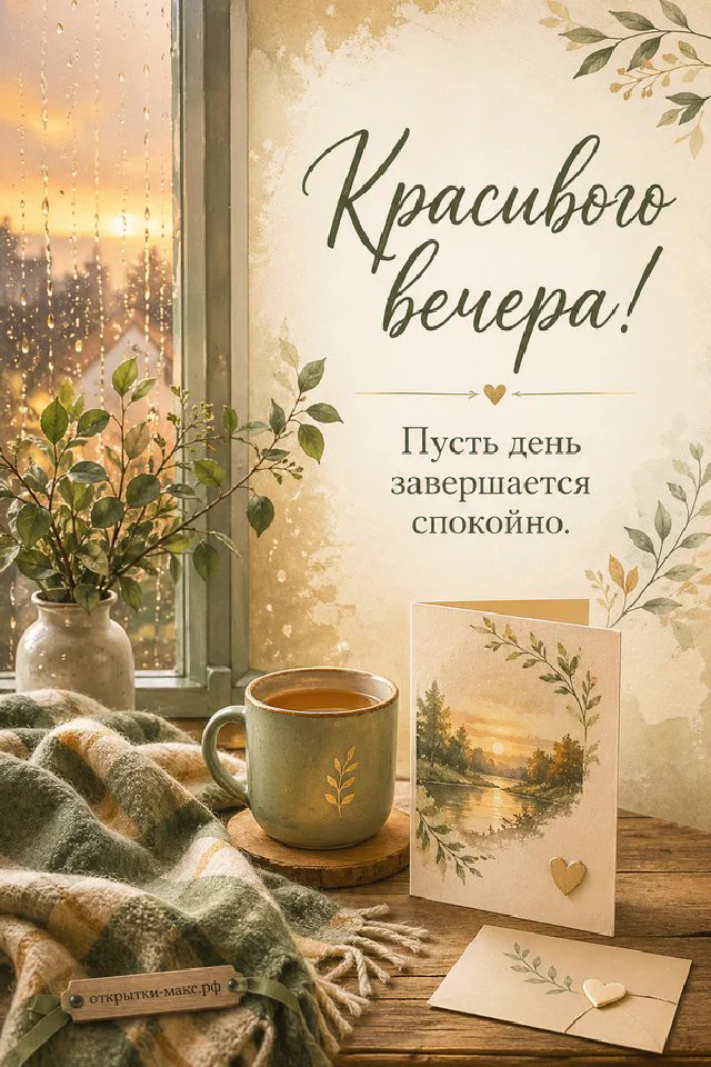 Открытка с текстом Красивого вечера лежит среди свечи, чашки чая, гирлянды и сухих цветов в тёплых тонах — вариант 3