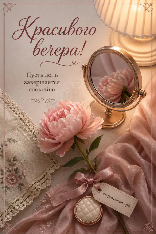 Открытка с текстом Красивого вечера лежит среди свечи, чашки чая, гирлянды и сухих цветов в тёплых тонах — вариант 4