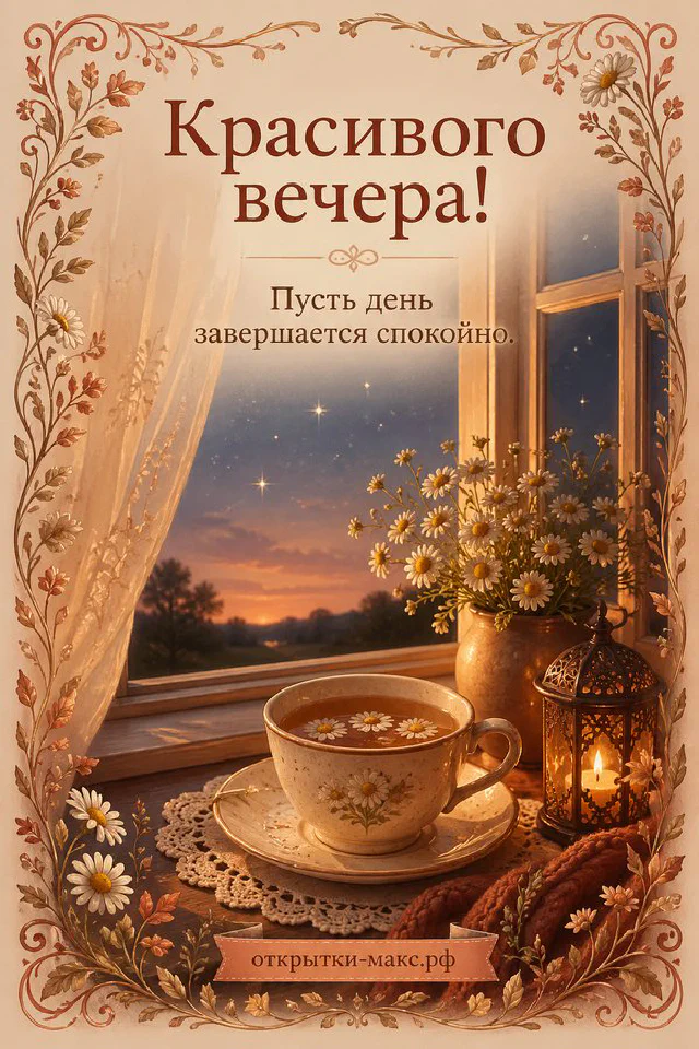 Открытка с текстом Красивого вечера лежит среди свечи, чашки чая, гирлянды и сухих цветов в тёплых тонах — вариант 5