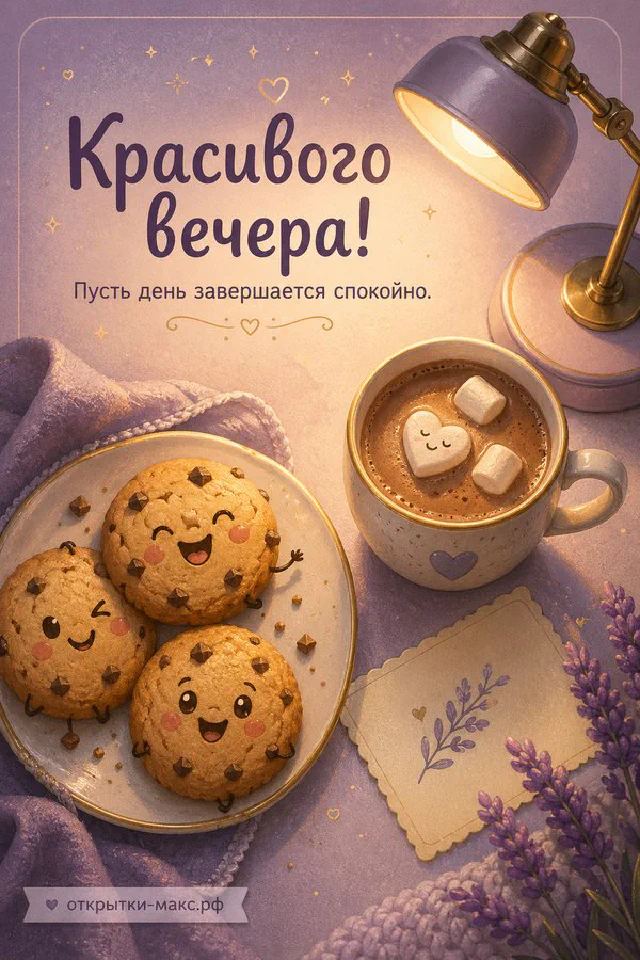 Открытка с текстом Красивого вечера лежит среди свечи, чашки чая, гирлянды и сухих цветов в тёплых тонах — вариант 6