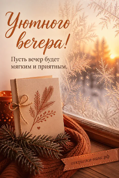 Открытка у заснеженного окна с еловой веткой, свечой и морозным узором на стекле