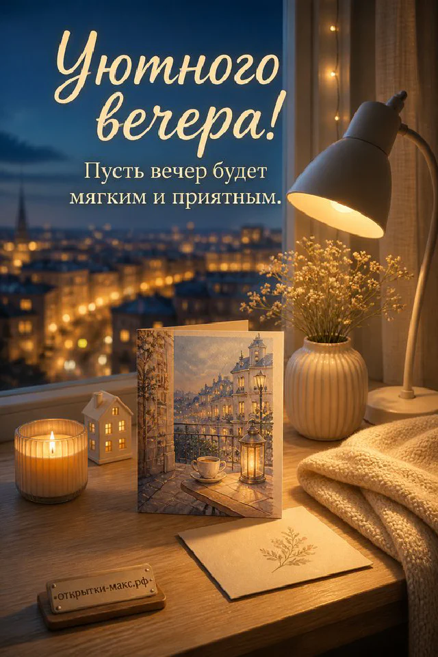 Открытка у заснеженного окна с еловой веткой, свечой и морозным узором на стекле — вариант 2