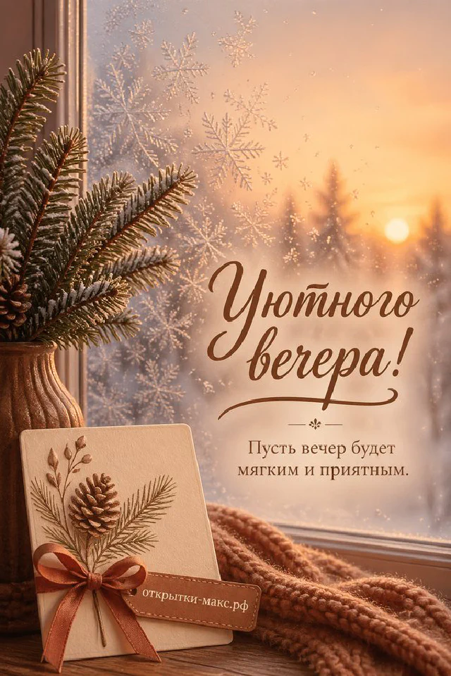 Открытка у заснеженного окна с еловой веткой, свечой и морозным узором на стекле — вариант 3
