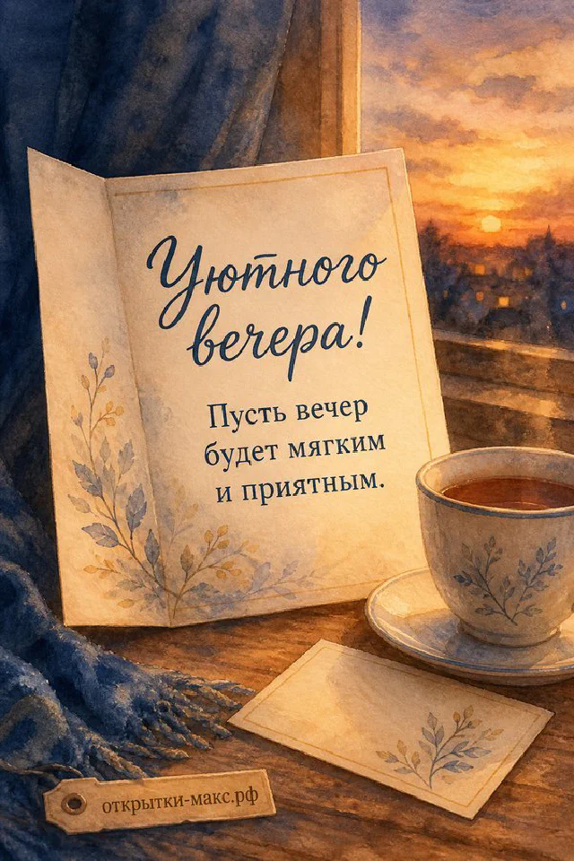 Открытка у заснеженного окна с еловой веткой, свечой и морозным узором на стекле — вариант 4