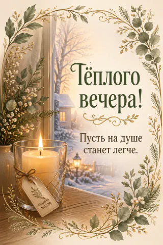 Горящая свеча у окна с видом на заснеженный пейзаж и ель в зелени