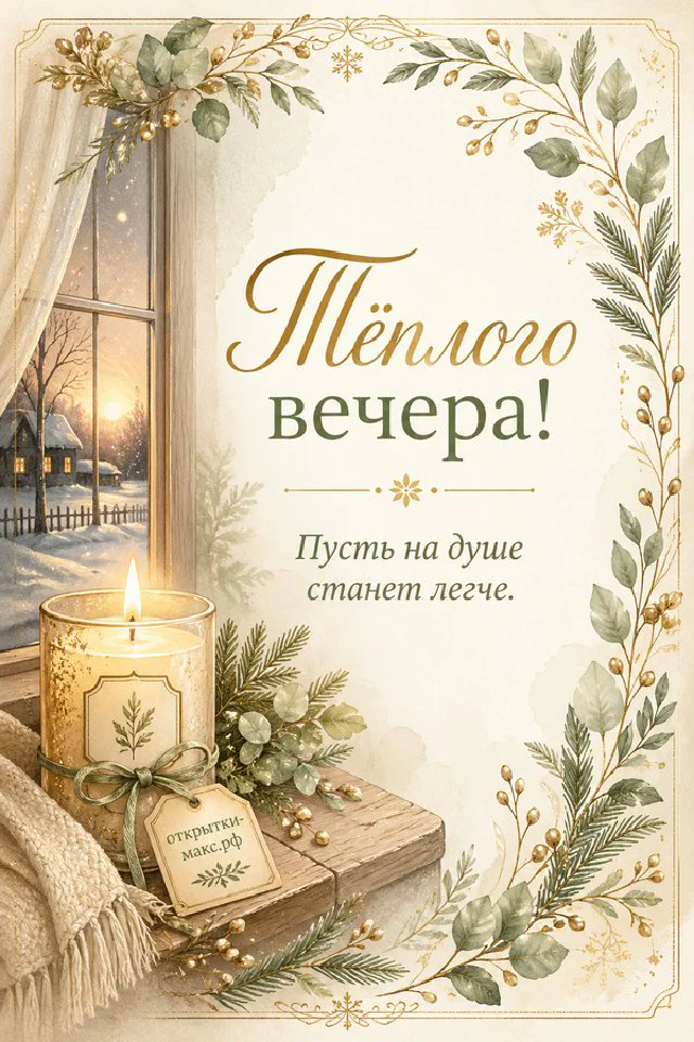 Горящая свеча у окна с видом на заснеженный пейзаж и ель в зелени — вариант 8