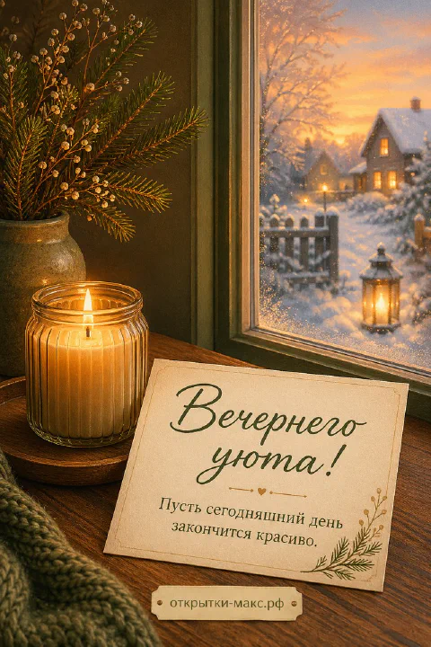 Горящая свеча в стакане, хвойные ветки и карточка с пожеланием у окна с видом на заснеженный дом