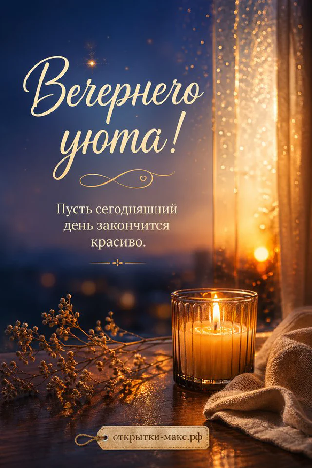 Горящая свеча в стакане, хвойные ветки и карточка с пожеланием у окна с видом на заснеженный дом — вариант 2