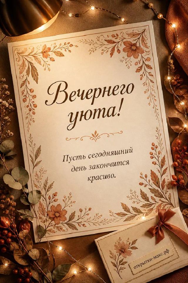 Горящая свеча в стакане, хвойные ветки и карточка с пожеланием у окна с видом на заснеженный дом — вариант 3