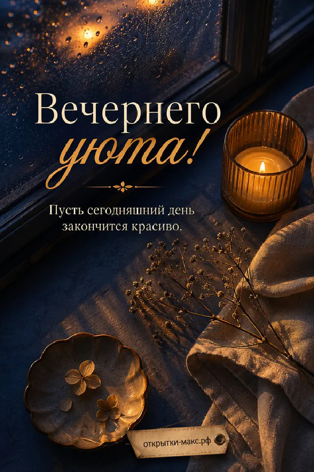 Горящая свеча в стакане, хвойные ветки и карточка с пожеланием у окна с видом на заснеженный дом — вариант 4