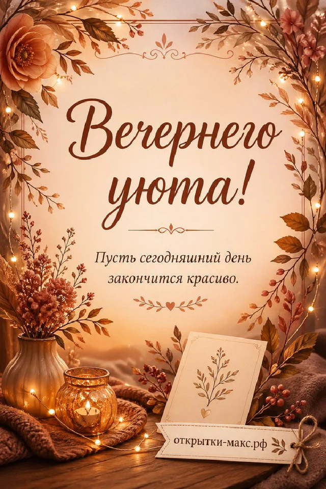 Горящая свеча в стакане, хвойные ветки и карточка с пожеланием у окна с видом на заснеженный дом — вариант 5