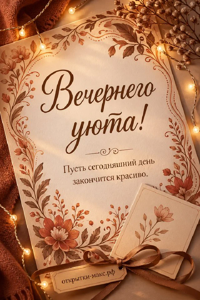 Горящая свеча в стакане, хвойные ветки и карточка с пожеланием у окна с видом на заснеженный дом — вариант 6