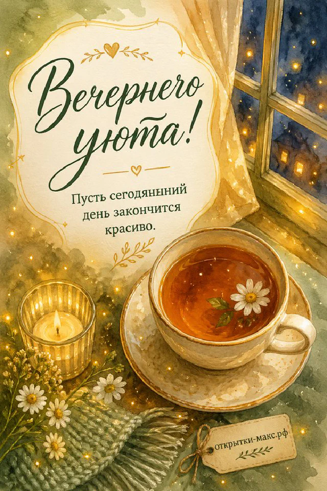 Горящая свеча в стакане, хвойные ветки и карточка с пожеланием у окна с видом на заснеженный дом — вариант 8
