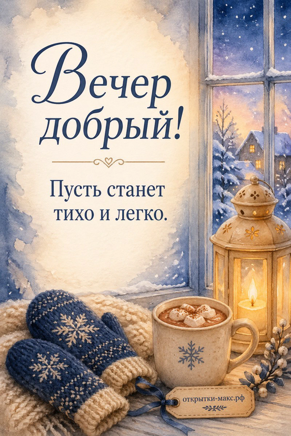 Синие вязаные варежки со снежинками, кружка с какао и маршмеллоу, фонарь у зимнего окна
