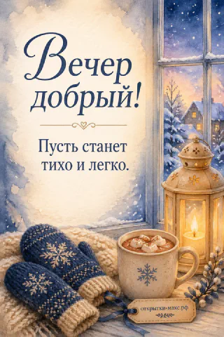 Синие вязаные варежки со снежинками, кружка с какао и маршмеллоу, фонарь у зимнего окна
