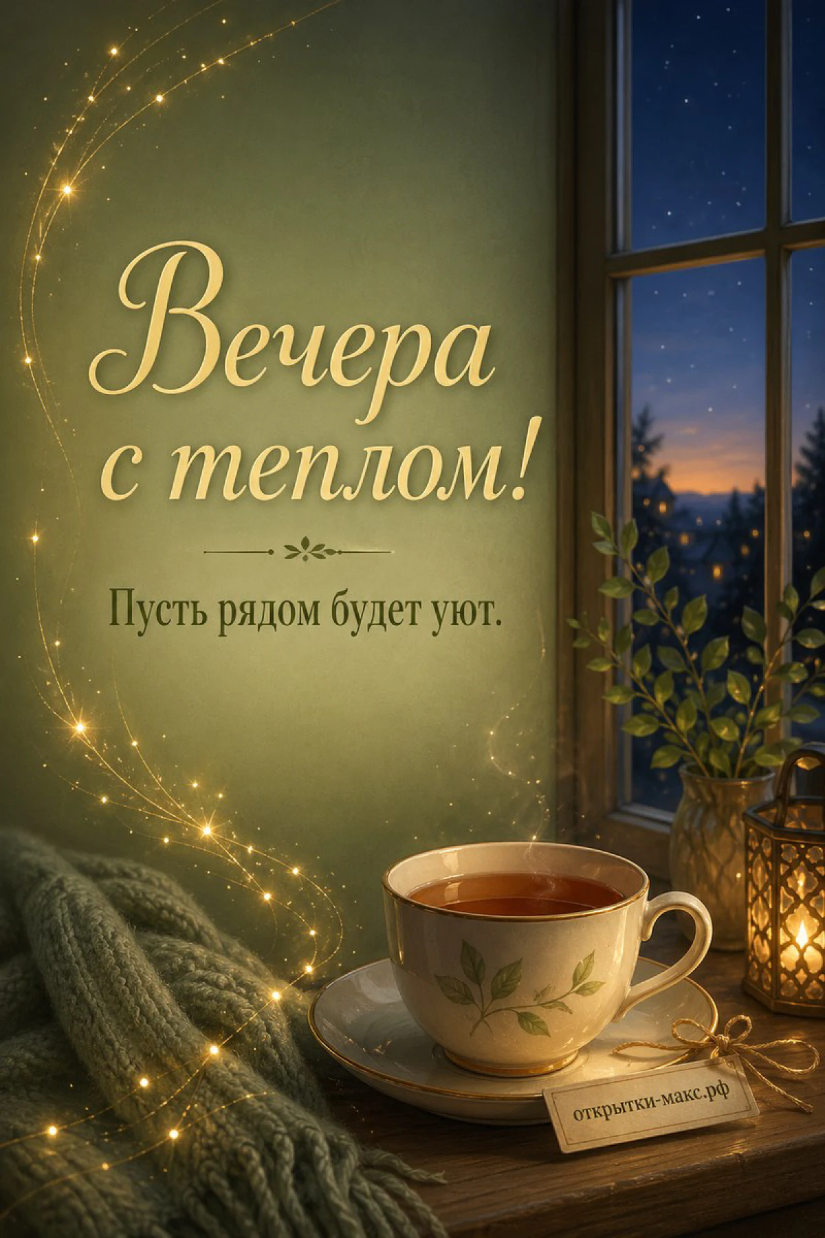 Фарфоровая чашка чая с листьями на деревянной подставке, горящая свеча в золотом стакане и ваза с эвкалиптом у ночного окна с лесом