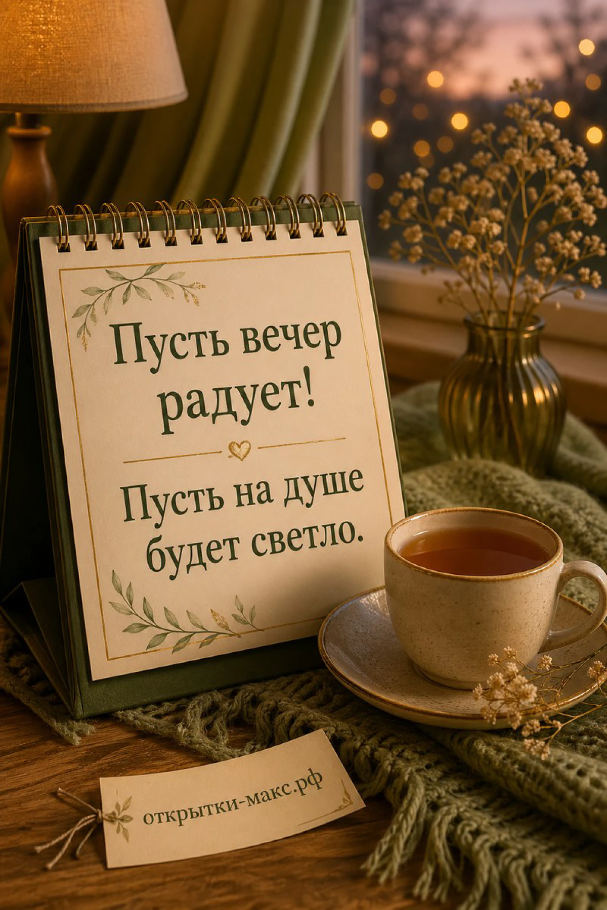 Настольный календарь «Пусть вечер радует!» на зелёной подставке, кружка чая и золотая вазочка с гипсофилой