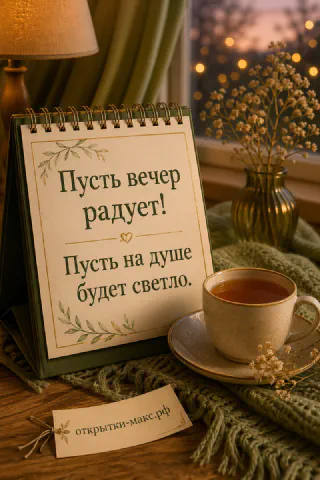 Настольный календарь «Пусть вечер радует!» на зелёной подставке, кружка чая и золотая вазочка с гипсофилой