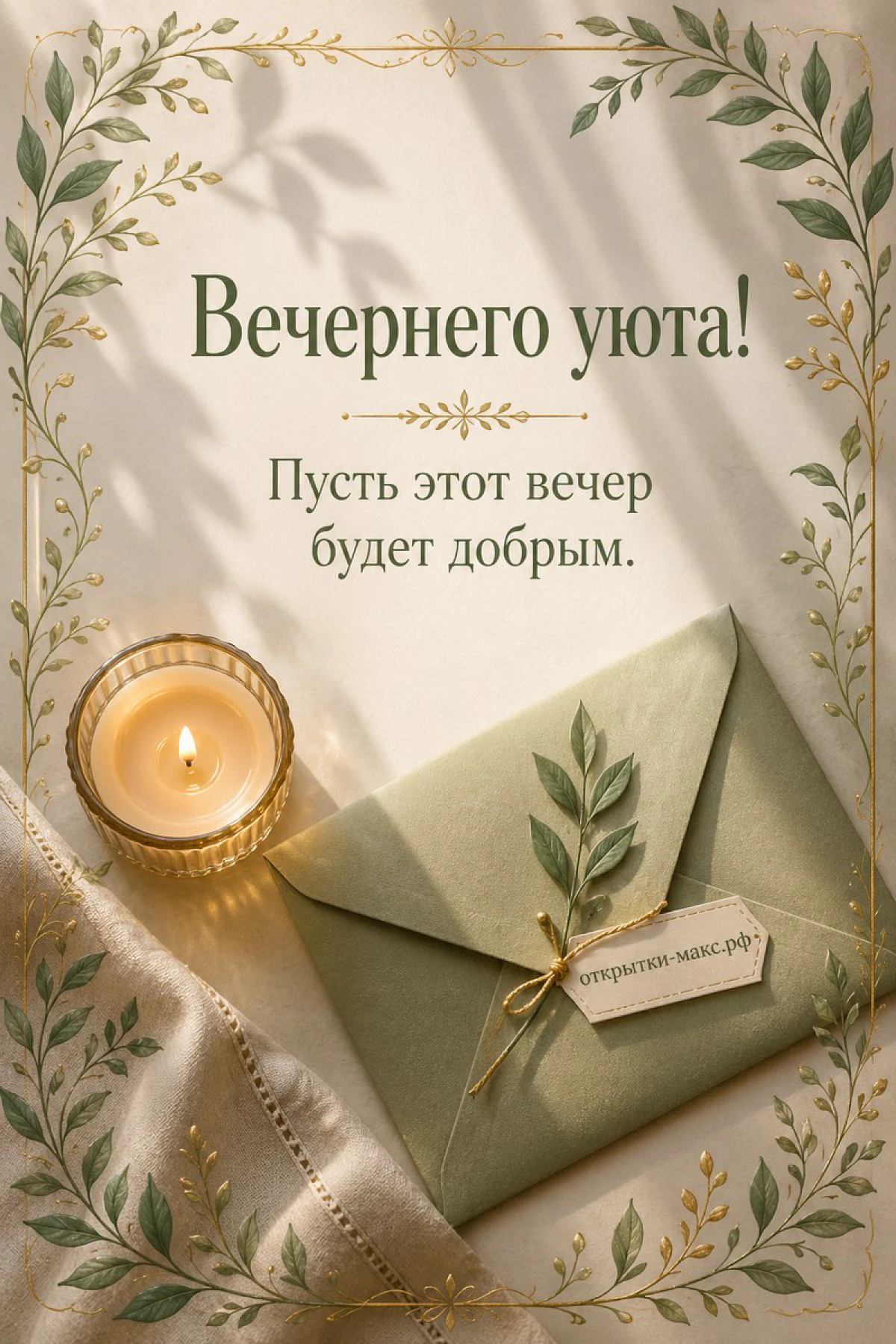 Зелёный конверт с оливковой ветвью на шёлковой ткани, ботаническая открытка с золотыми листьями и горящая свеча