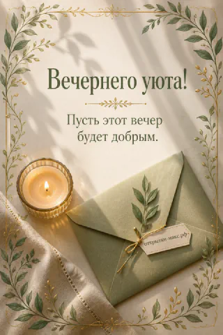 Зелёный конверт с оливковой ветвью на шёлковой ткани, ботаническая открытка с золотыми листьями и горящая свеча