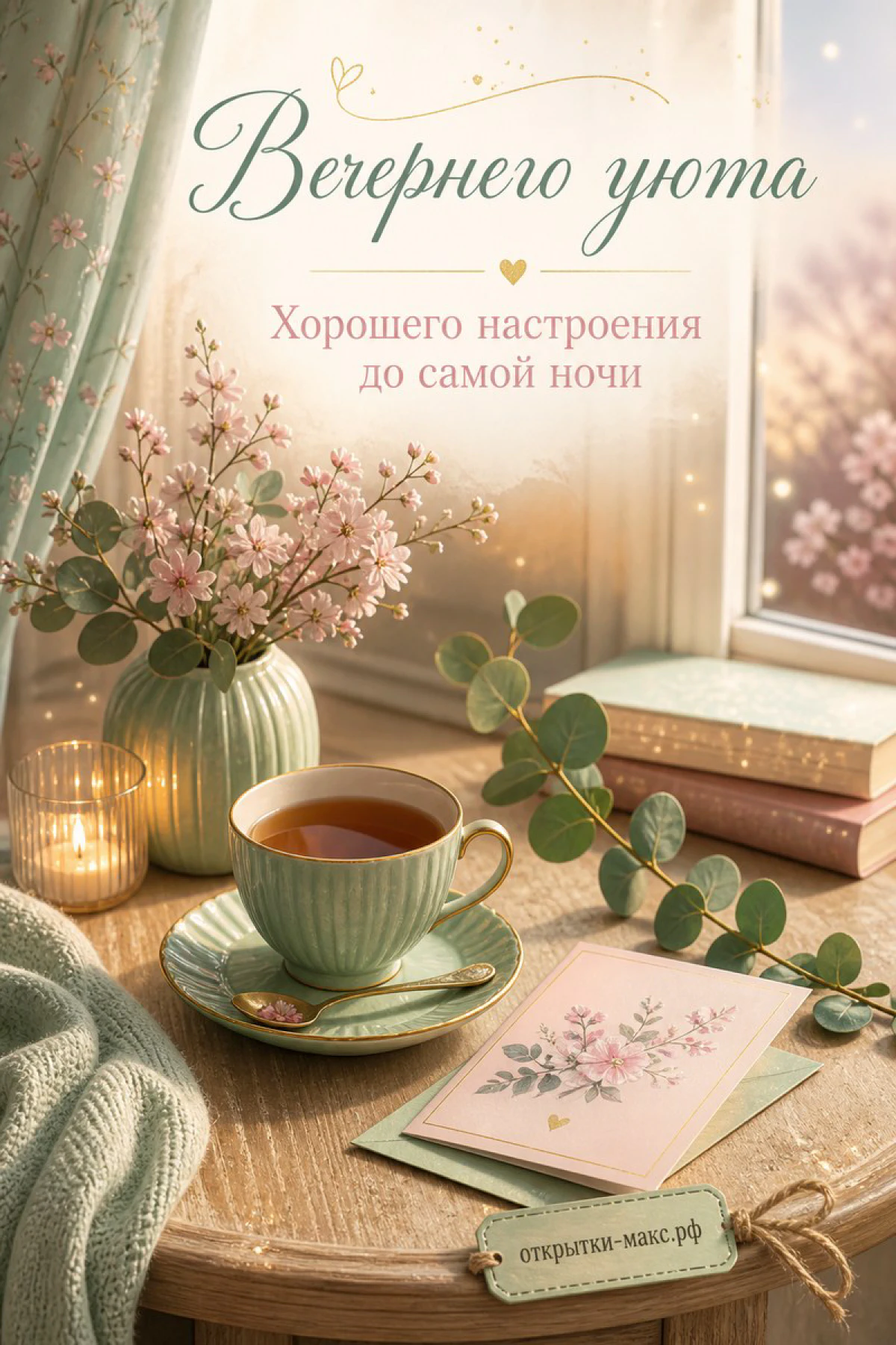 Мятная чашка с чаем, ваза с розовыми цветами, открытка с цветком и стопка книг у вечернего окна