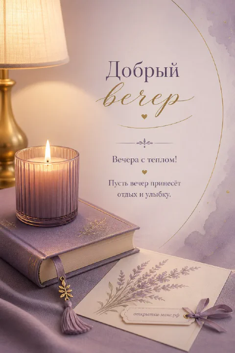 Горящая свеча в стакане на фоне книг и лавандовой карточки в мягком сиреневом освещении