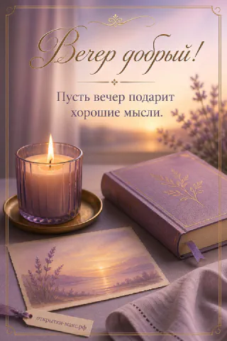Горящая сиреневая свеча на золотом блюдце, лиловая книга с закладкой и акварельная открытка с закатом на столе