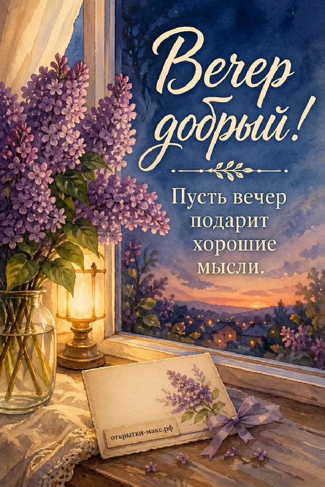 Горящая сиреневая свеча на золотом блюдце, лиловая книга с закладкой и акварельная открытка с закатом на столе — вариант 3