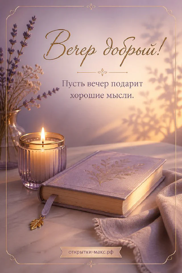 Горящая сиреневая свеча на золотом блюдце, лиловая книга с закладкой и акварельная открытка с закатом на столе — вариант 4